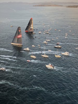 Wild Oats XI and LDV Comanche drifting in the RIver Derwent, less than 10 miles from the finish