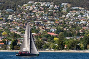 Italian entry Mascalzone Latino 32 approaching the finish in Hobart