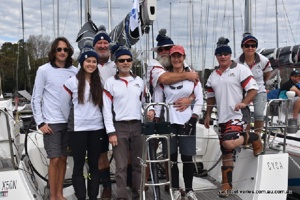 The crew of Wax Lyrical prior to leaving the CYCA marina for the start