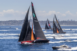Comanche, InfoTrack and Wild Oats XI in close quarters after leaving Sydney Harbour.