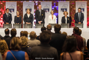 Official Party at the Prizegiving - Patrick Boutellier General Manager, Rolex Australia; The Honourable Elise Archer MP; Lord Mayor of Hobart, Councillor Anna Reynolds; Cruising Yacht Club of Australia Commodore Paul Billingham; Her Excellency, the Governor of Tasmania, Professor Warner, A.M.; Royal Yacht Club of Tasmania Commodore Tracy Matthews; TasPorts Executive General Manager of Marine Services and Shipping
