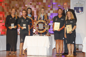 CYCA Commodore Paul Billingham presenting Stacey Jackson (skipper) and crew of Wild Oats X with trophies for 2nd Overall, 2nd in IRC Division 0 and 2nd in ORCi Division 1