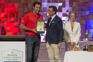 Patrick Boutellier, General Manager of Rolex Australia, with Mark Richards, Skipper of Line Honours boat Wild Oats XI