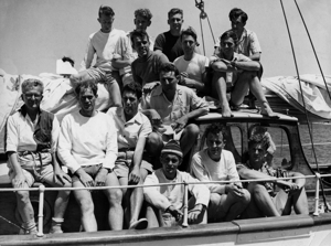 1950 Mistral crew  L to R: Front row: Alan Hart, Dick Swan 2nd Row: Frank Barlow (Capt), Geoff Paton (2nd Mate), John Dowey (Nav) Aston Watkins 3rd row: John Morris, Marsden Hordern (Nav), Mick York (1st Mate) 4th row: Brian Adams, Ken Cornwell, Nick Alexander (Cook), Ivan Graham