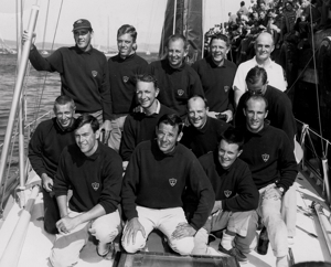 1962 Ondine Crew in Constitution Dock. Huey Long Kneeling in front. Passage skipper Sven Joffs extreme left; Bill Fesq assistant Navigator last row extreme right.