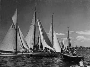Collision at the start of the 1947 Sydney Hobart Race. Pictured are Defiance (windward yacht at left), Morna (in the sandwich)  and Christina. Christina protested Morna for barging, but lost, and both Defiance and Christina were disqualified. Photo borrowed from Josephine Blumberg, grand-daughter of Charlie Cooper. Caption reads" 'Start 3rd Sydney-Hobartr Race 1947, 'Morna' fouling 'Christina'