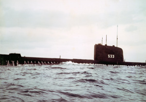 HMS Trump surfacing next to Lolita after Lolita had sent its position by morse code after losing its mast in the 1963 race
