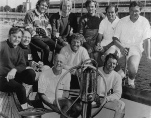 1974 winning Love & War crew in Constitution Dock.  Front row L to R: John Anderson, Magnus Halvorsen, Peter Kurts, John Munson, John Carruthers.  Back row: Peter Shipway, Michael Hesse, John Harris, Dick Norman, David Forbes