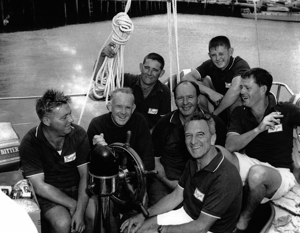 Freya crew 1963, in Constitution Dock.  L to R: Keith Brown, Trygve Halvorsen, Trevor Gowland, Magnus Halvorsen, Stan Darling, Barry Gowland, Stan McRae.