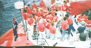 The crew of Sydney Hobart 1987 line honours and overall winner Sovereign at Constitution Dock in Hobart