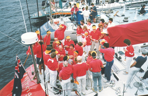 Sovereign crew at Constitution Dock after winning the 1987 Sydney Hobart Yacht Race
