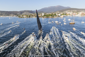 Comanche arriving to Hobart to claim Line Honours victory at the 2019 Rolex Sydney Hobart