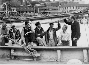 The crew of Rani, the winner of the first historic Sydney Hobart Yacht Race.  From left: Capt. K Vaughan, Lt. R Richmond, Lt. J Hoggard, Norman Hudson (mate), J Coloham, W P Mews (navigator), Capt. J Illingworth (skipper)