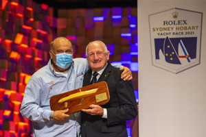 Official Trophy Presentation - Ed Psaltis, Owner/Skipper Midnight Rambler, Battery Point Trophy, 1st Small Boat Across the Line