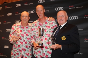 CYCA Commodore Noel Cornish AM with CYCA Two-Handed Ocean Racers of the Year Jules Hall and Jan Scholten. 