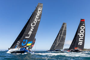 FROM LEFT LAWCONNECT, Sail No: SYD1000, Owner/Skipper: Christian Beck, State: NSW, Design: Juan-K 100, LOA: 30.5, BLACK JACK, Sail No: 525100, Owner: Peter Harburg, Skipper: Mark Bradford, State: QLD, Design: Reichel/Pugh 100, LOA: 30 and ANDOO COMANCHE, Sail No: CAY007, Skipper: John Winning Jr, State: NSW, Design: VPLP 100, LOA: 30,5