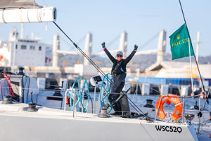 Annika Thomson, co-skipper of Ocean Crusaders J-Bird, pretty happy about finishing the 2022 Rolex Sydney Hobart