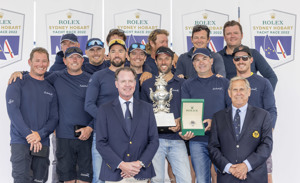 Dock Awards Ceremony - Overall winner.
Celestial crew, Benoit Falletti (Rolex Australia), Sam Haynes (Owner of Celestial) and Arthur Lane (Commodore of Cruising Yacht Club of Australia)
