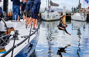 Celestial skipper undertakes the winner's traditional dunking