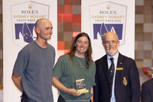 Tom Grimes (co-skipper, Hasta la Vista), Jess Grimes (co-skipper, Hasta la Vista) and Richard Bevan (Commodore, RYCT).