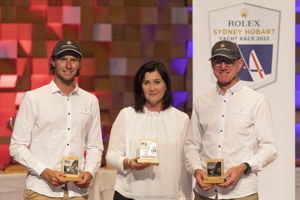 Lincoln Dews (co-skipper, Sun Fast Racing), Kate Dean (TasPorts) and Lee Condell (owner/co-skipper, Sun Fast Racing).