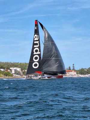 Andoo Comanche finishing the 2023 Bird Island Race