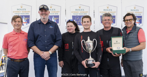 Laurent Delanney (Rolex SA), Paul Billingham (Commodore CYCA), James Cooney (Comanche), Jim Cooney and Samantha Grant (owners of Comanche), Patrick Boutellier (Rolex Australia)