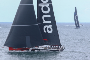 Cabbage Tree Island Race 2023 - Andoo Comanche leading LawConnect to the finish in Sydney Harbour
