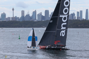Cabbage Tree Island Race 2023 - Andoo Comanche heading to the finish in Sydney Harbour