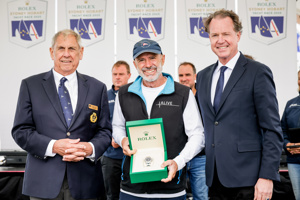 Presentation of the Rolex Timepice to Duncan Hine, skipper of Alive, by Benoît Falletti (Rolex Australia), with CYCA Commodore Arthur Lane