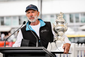 Skipper Duncan Hine speaking at the dockside presentation of the Tattersall Cup and Medallions to the crew of Alive