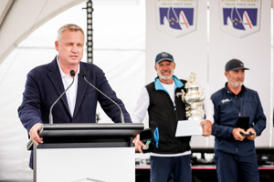Tasmanian Premier Jeremy Rockliff speaking at the dockside presentation of the Tattersall Cup and Medallions to the crew of Alive