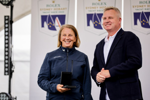 Alive navigator Adrienne Cahalan receiving her Winners Medallion from Tasmanian Premier Jeremy Rockliff