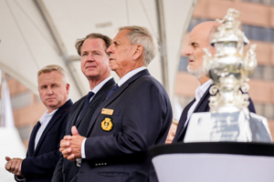 (L to R) Tasmanian Premier Jeremy Rockliff, Benoît Falletti (Rolex Australia), CYCA Commodore Arthur Lane and Royal Yacht CLub of Tasmania Commodore Richard Bevan at the dockside presentation of the Tattersall Cup and Medallions to the crew of Alive