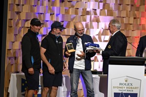 Alive, 1st Tasmanian yacht IRC (TasPorts Trophy), 1st IRC Division 0 (Rushcutter Trophy) and 1st IRC Overall (Geiorge Adams Tattersall Cup, RORC Plaque and Government of Tasmania Trophy) - presented to owner Philip Turner represesented by Skipper Duncan Hine and other crewmembers.