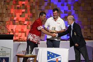 Showdown, 2nd Two-Handed Line Honours - presented by RYCT Commosore Richard Bevan to co-skippers Drew Carruthers and Jim Close