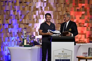 Mistral, 1st IRC Division 4 (Sir Arthur Warner Trophy), 1st Two-Handed Boat Across the Line, 1st Small Boat Across the Line (Battery Point Trophy) and 1st Two-Handed IRC - presented to owner Rupert Henry.