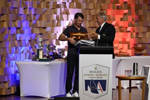 Mistral, 1st IRC Division 4 (Sir Arthur Warner Trophy), 1st Two-Handed Boat Across the Line, 1st Small Boat Across the Line (Battery Point Trophy) and 1st Two-Handed IRC - presented to owner Rupert Henry.
