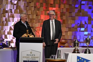 LawConnect, 1st yacht out of Sydney Haeds (Jack Rooklyn Memorial Trophy) and Line Honours winner (John H Illingworth Challenge Cup - owner Christian Beck represented by Sailing Master Tony Mutter