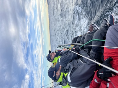 The crew of GWM Oennant Hills enjoying a bit of breeze after finally exiting the harbour