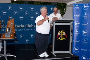 2024 Noakes Sydney Gold Coast Yacht Race Prizegiving - SYC Immediate Past Commodore Drew Jones with CYCA Rear Commodore Peter Gothard.    Image: Ashley Dart