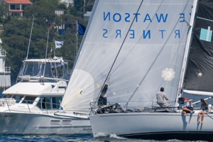 Steve Watson's J/130 Ragtime finishing the 2024 Cabbage Tree Island Race.   Image: CYCA | David Hislop