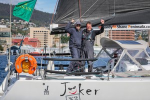 Grant Chipperfield and Peter Dowdney celebrate after they cross the finish line.    Image: CYCA | Salty Dingo 
