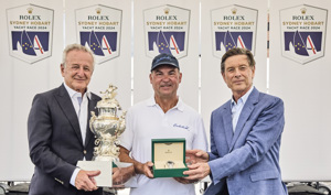 (l to r) David Jacobs, Vice Commodore of CYCA, Sam Haynes, skipper of Celestial V70 and Laurent Delanney, Rolex SA.     