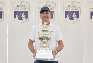 Sam Haynes, skipper of Celestial V70 and CYCA Commodore, with the Tattersall Cup for Overall Winner of the 2024 Rolex Sydney Hobart Yacht Race.    