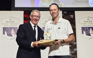 Just Farr Love, 1st PHS Division 2 -  presented by RYCT Commodore Stephen McCullum to skipper Scott Lovell.     