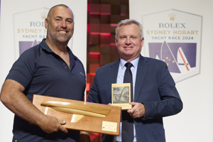 Caro, 1st Yacht under 18.5 metres LOA across the Finish Line (Apollo Trophy and Half Model), 1st IRC Division 1 - presented by The Honourable Jeremy Rockliff, Premier of Tasmania to owner Max Klink represented by Wade Morgan.     