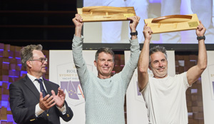 Mistral, 1st IRC Division 4 (Sir Arthur Warner Trophy), 1st Double Handed Line Honours, 1st Small Boat Across the Line (Battery Point Trophy and Half Model), 1st Double Handed IRC - presented by CYCA Commodore Haynes to co-skippers Rupert Henry and Corentin Douguet.     