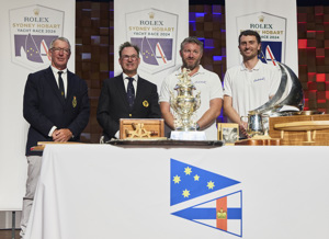 Celestial V70, 2nd Over the Line, 1st IRC Division 0 (Rushcutter Trophy), 1st IRC Overall (George Adams Tattersall Cup, RORC Plaque) - pesented by RYCT Commodore Stephen McCullum to owner Sam Haynes.    