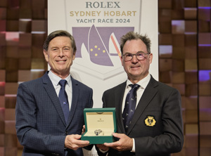 Mr Laurent Delanney, Rolex Associate Director Global Sponsorship & Partnership, presenting the Rolex Yacht-Master Timepiece to Sam Haynes, skipper of Overall Winner Celestial V70.      